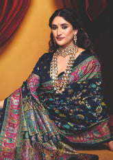 Navy Blue Tussar Silk Paisley Print Saree